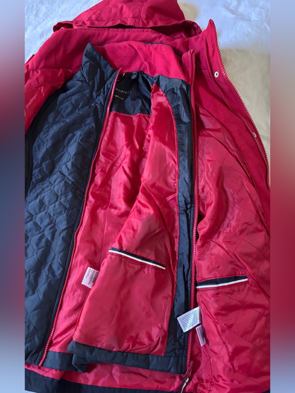 Tommy Hilfiger Womens S 3 In 1 All Weather Hooded Jacket Coat Red Navy - Picture 11 of 16
